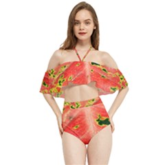 Aglonema Leaf Plant Pattern Flora Halter Flowy Bikini Set 