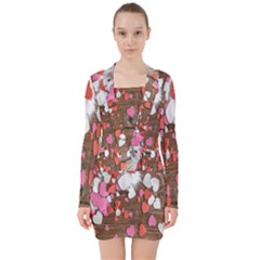 Valentine Day Heart Wallpaper V-neck Bodycon Long Sleeve Dress by artworkshop