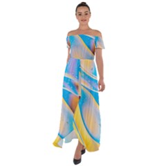 Water And Sunflower Oil Off Shoulder Open Front Chiffon Dress by artworkshop