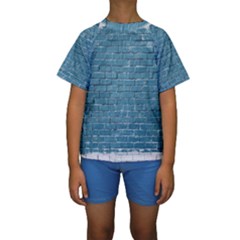 White And Blue Brick Wall Kids  Short Sleeve Swimwear