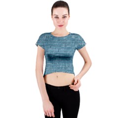 White And Blue Brick Wall Crew Neck Crop Top