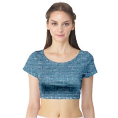White And Blue Brick Wall Short Sleeve Crop Top