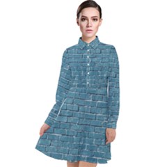 White And Blue Brick Wall Long Sleeve Chiffon Shirt Dress