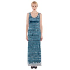White And Blue Brick Wall Thigh Split Maxi Dress