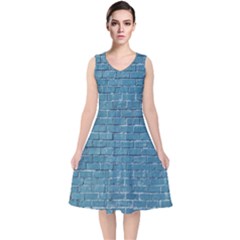 White And Blue Brick Wall V-Neck Midi Sleeveless Dress 