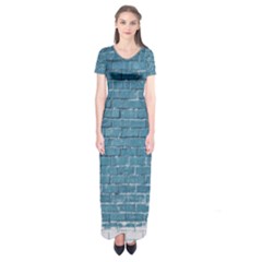 White And Blue Brick Wall Short Sleeve Maxi Dress