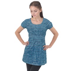 White And Blue Brick Wall Puff Sleeve Tunic Top