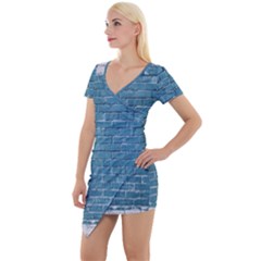 White And Blue Brick Wall Short Sleeve Asymmetric Mini Dress