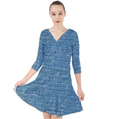 White And Blue Brick Wall Quarter Sleeve Front Wrap Dress