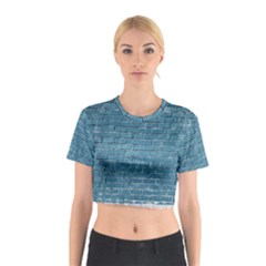 White And Blue Brick Wall Cotton Crop Top by artworkshop