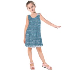 White And Blue Brick Wall Kids  Sleeveless Dress by artworkshop