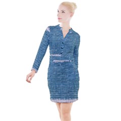 White And Blue Brick Wall Button Long Sleeve Dress