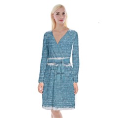 White And Blue Brick Wall Long Sleeve Velvet Front Wrap Dress