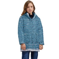 White And Blue Brick Wall Kid s Hooded Longline Puffer Jacket