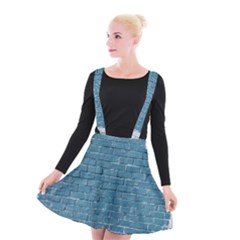 White And Blue Brick Wall Suspender Skater Skirt