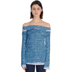 White And Blue Brick Wall Off Shoulder Long Sleeve Top