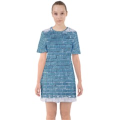 White And Blue Brick Wall Sixties Short Sleeve Mini Dress