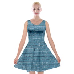 White And Blue Brick Wall Velvet Skater Dress by artworkshop