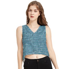 White And Blue Brick Wall V-Neck Cropped Tank Top