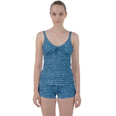 White And Blue Brick Wall Tie Front Two Piece Tankini