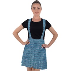 White And Blue Brick Wall Velvet Suspender Skater Skirt