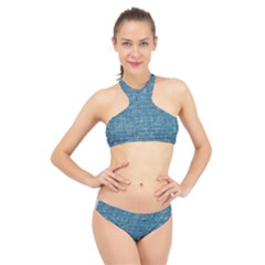 White And Blue Brick Wall High Neck Bikini Set