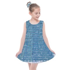 White And Blue Brick Wall Kids  Summer Dress