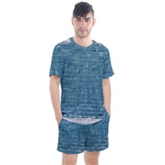 White And Blue Brick Wall Men s Mesh Tee and Shorts Set