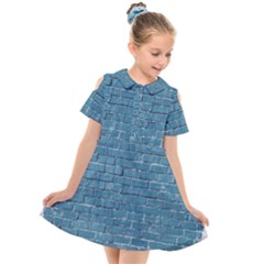 White And Blue Brick Wall Kids  Short Sleeve Shirt Dress