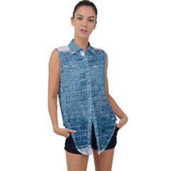 White And Blue Brick Wall Sleeveless Chiffon Button Shirt