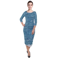 White And Blue Brick Wall Quarter Sleeve Midi Velour Bodycon Dress