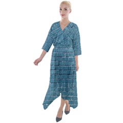 White And Blue Brick Wall Quarter Sleeve Wrap Front Maxi Dress