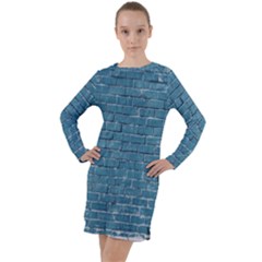 White And Blue Brick Wall Long Sleeve Hoodie Dress