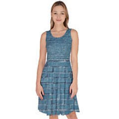 White And Blue Brick Wall Knee Length Skater Dress With Pockets