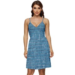 White And Blue Brick Wall V-Neck Pocket Summer Dress 