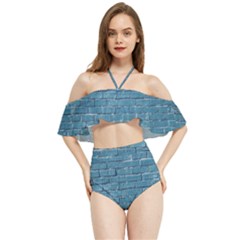 White And Blue Brick Wall Halter Flowy Bikini Set 