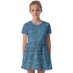 White And Blue Brick Wall Kids  Short Sleeve Pinafore Style Dress