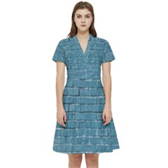 White And Blue Brick Wall Short Sleeve Waist Detail Dress