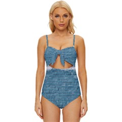 White And Blue Brick Wall Knot Front One-Piece Swimsuit