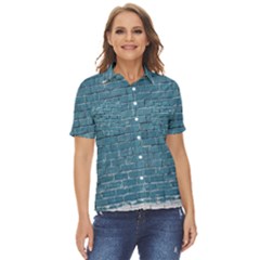 White And Blue Brick Wall Women s Short Sleeve Double Pocket Shirt