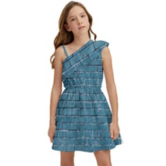 White And Blue Brick Wall Kids  One Shoulder Party Dress