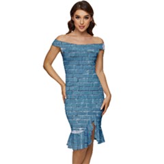 White And Blue Brick Wall Off Shoulder Ruffle Split Hem Bodycon Dress