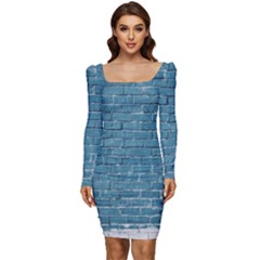 White And Blue Brick Wall Women Long Sleeve Ruched Stretch Jersey Dress