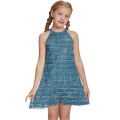 White And Blue Brick Wall Kids  Halter Collar Waist Tie Chiffon Dress