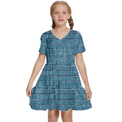 White And Blue Brick Wall Kids  Short Sleeve Tiered Mini Dress