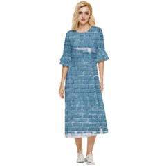 White And Blue Brick Wall Double Cuff Midi Dress by artworkshop