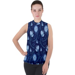 Flower Mock Neck Chiffon Sleeveless Top