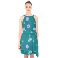 Floral-seamless-pattern Halter Collar Waist Tie Chiffon Dress by zappwaits