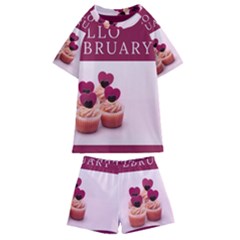 Hello February Text And Cupcakes Kids  Swim Tee And Shorts Set by artworkshop