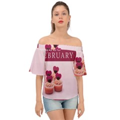 Hello February Text And Cupcakes Off Shoulder Short Sleeve Top